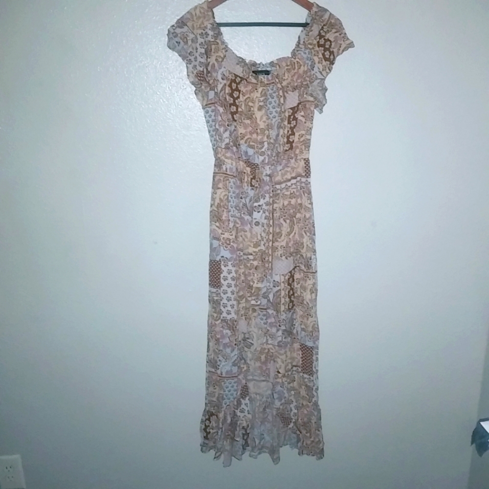 VICI S Short sleeved Boho Peasant Pastel Orange Blue Maxi Dress